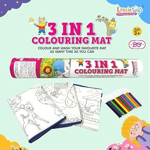 KROCIETOYS 3in1 Colouring MAT for Kids Reusable and Washable 3 Jumbo Size Big MATS (40 * 28inches) and 12 Sketch Pen for Colouring,Learning and Educational Doodle Mat for 3+ Age for Kids