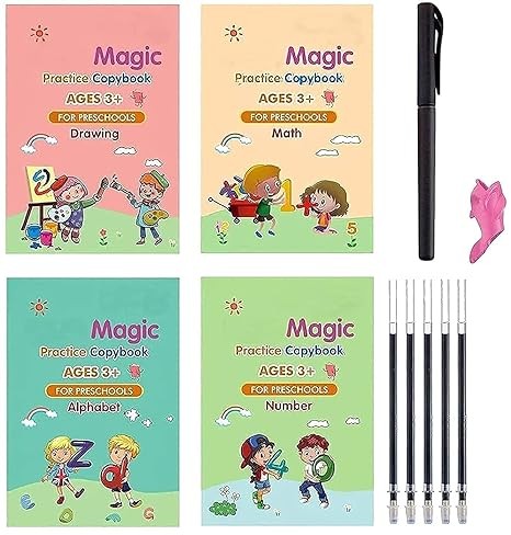 Kidsgallerynx | Magic Practice Copybook for Kids (4 BOOK + 5 REFILL+ 1 Pen + 1 Grip) Alphabets, Numbers, Drawing, Math Learning