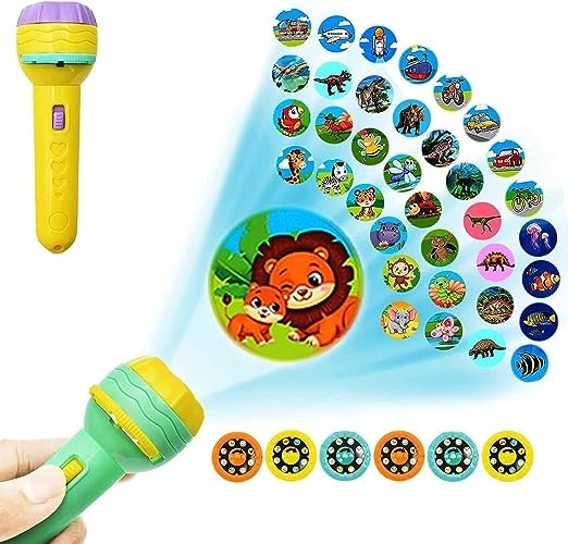 Kidsgallerynx |  3 Slides 24 Patterns Mini Projector Torch Toy Slide Flashlight Projector Torch for Kids Sleeping Story Toys for Toddlers, Educational Learning Toys, Space, Animal &Foods