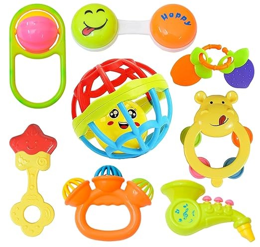 Kidsgallerynx | Colorful Attractive Plastic Non Toxic Set of 7 Shake & Grab Rattle and 1 Teether BPA Free for New Born and Infants (Pack of 8, Multicolor)
