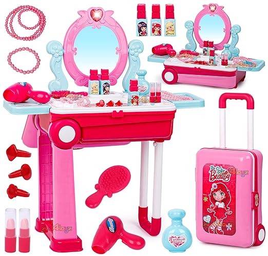 Kidsgallerynx |  Beauty Makeup Kit for Doll Girls Cosmetic Set 2 in 1 Vanity Table Portable Trolley Pretend Play Set Toy with Make up Accessories - Plastic (Pink) 21 Pieces (Ages: 12 years and up)